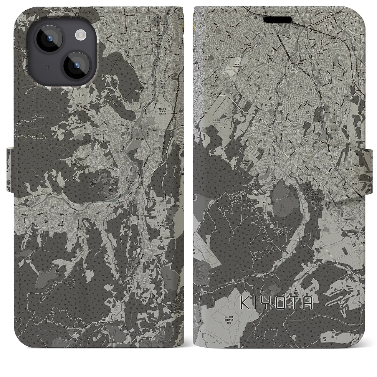 【清田(北海道)】地図柄iPhoneケース(手帳タイプ)モノトーン・iPhone 14 Plus 用