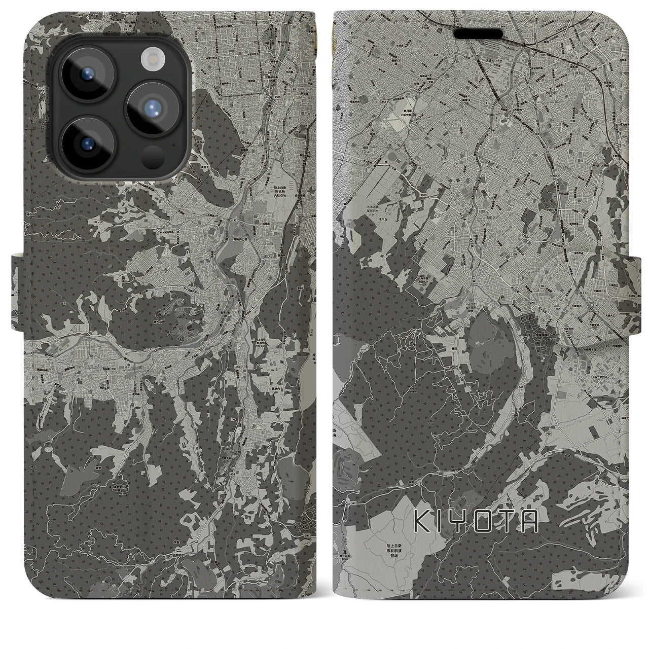 【清田(北海道)】地図柄iPhoneケース(手帳タイプ)モノトーン・iPhone 15 Pro Max 用