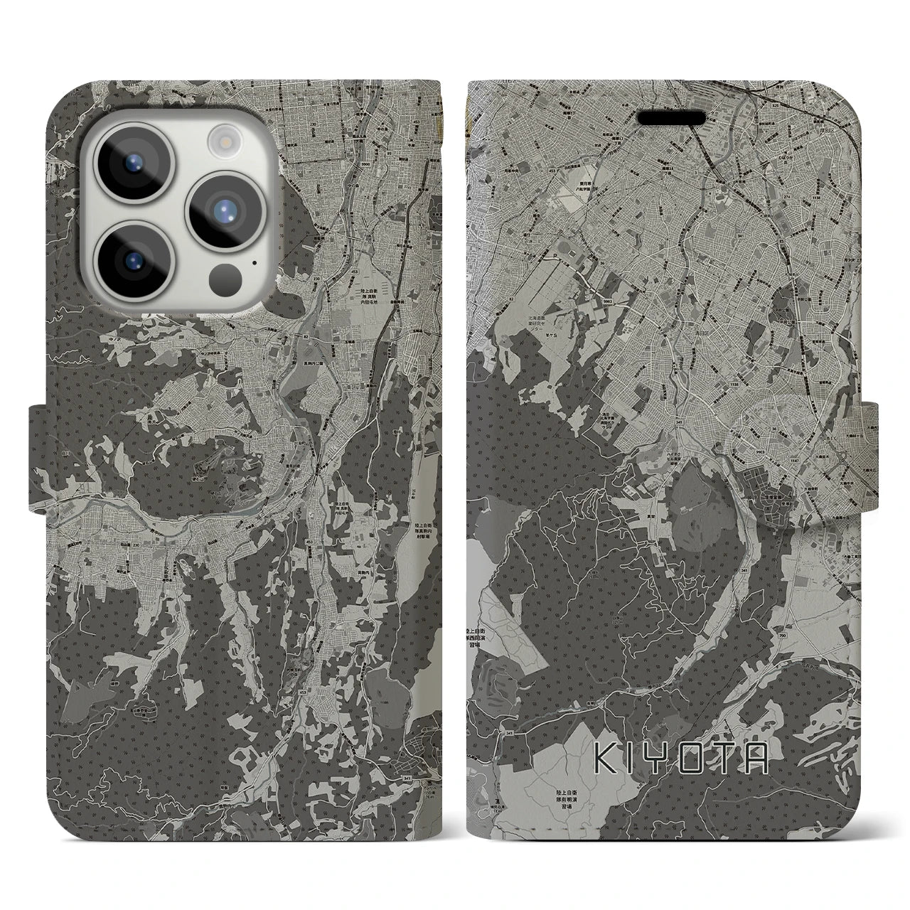 【清田(北海道)】地図柄iPhoneケース(手帳タイプ)モノトーン・iPhone 15 Pro 用