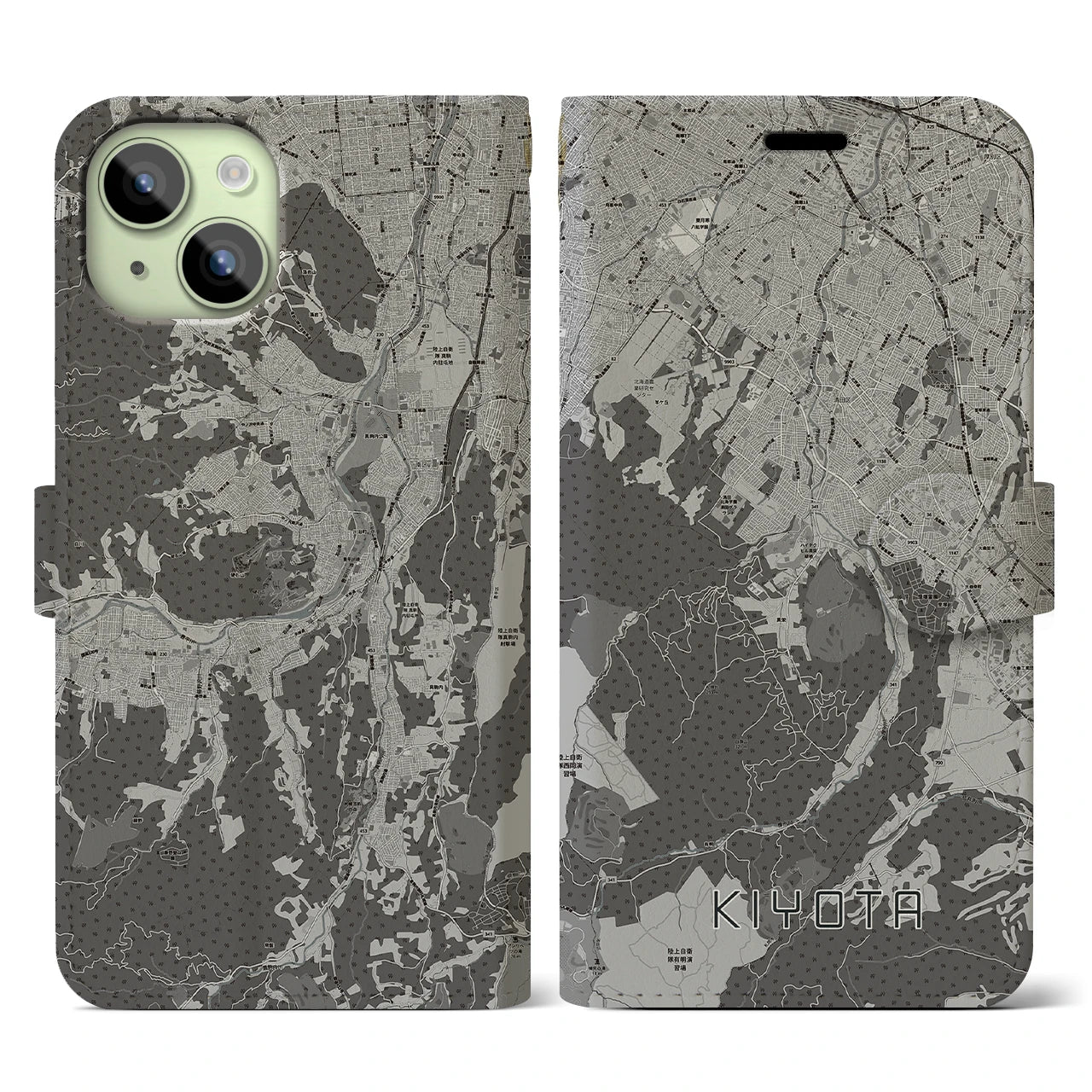 【清田(北海道)】地図柄iPhoneケース(手帳タイプ)モノトーン・iPhone 15 用