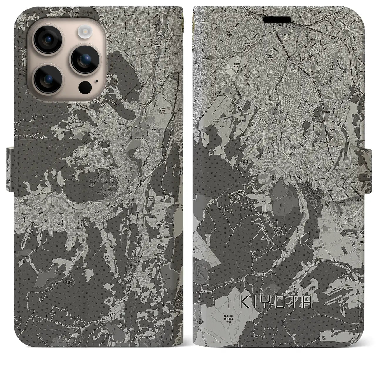 【清田(北海道)】地図柄iPhoneケース(手帳タイプ)モノトーン・iPhone 16 Plus 用