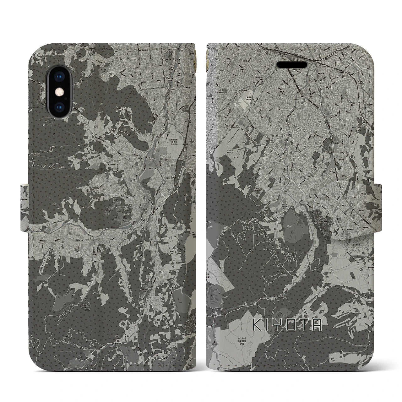 【清田(北海道)】地図柄iPhoneケース(手帳タイプ)モノトーン・iPhone XS / X 用