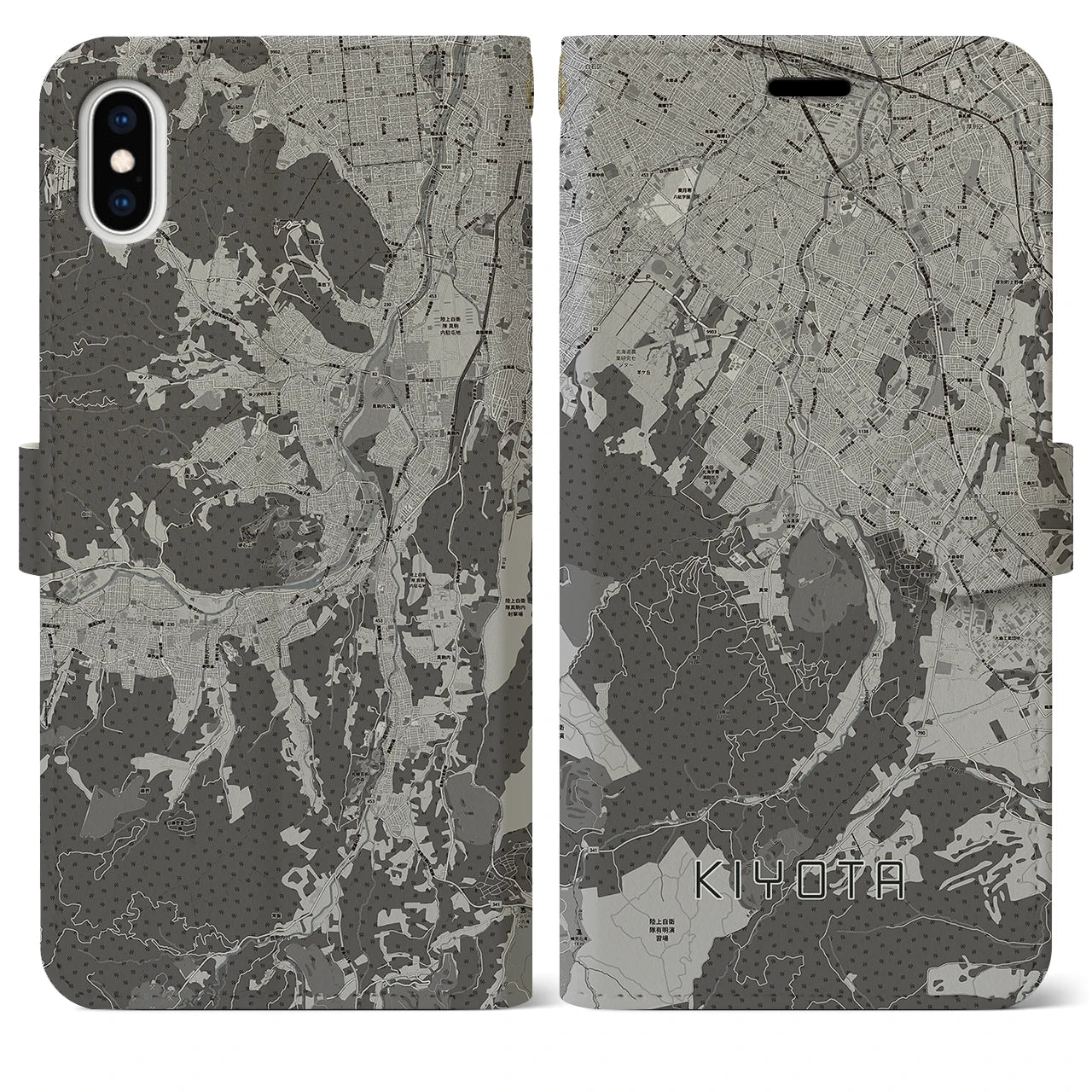 【清田(北海道)】地図柄iPhoneケース(手帳タイプ)モノトーン・iPhone XS Max 用