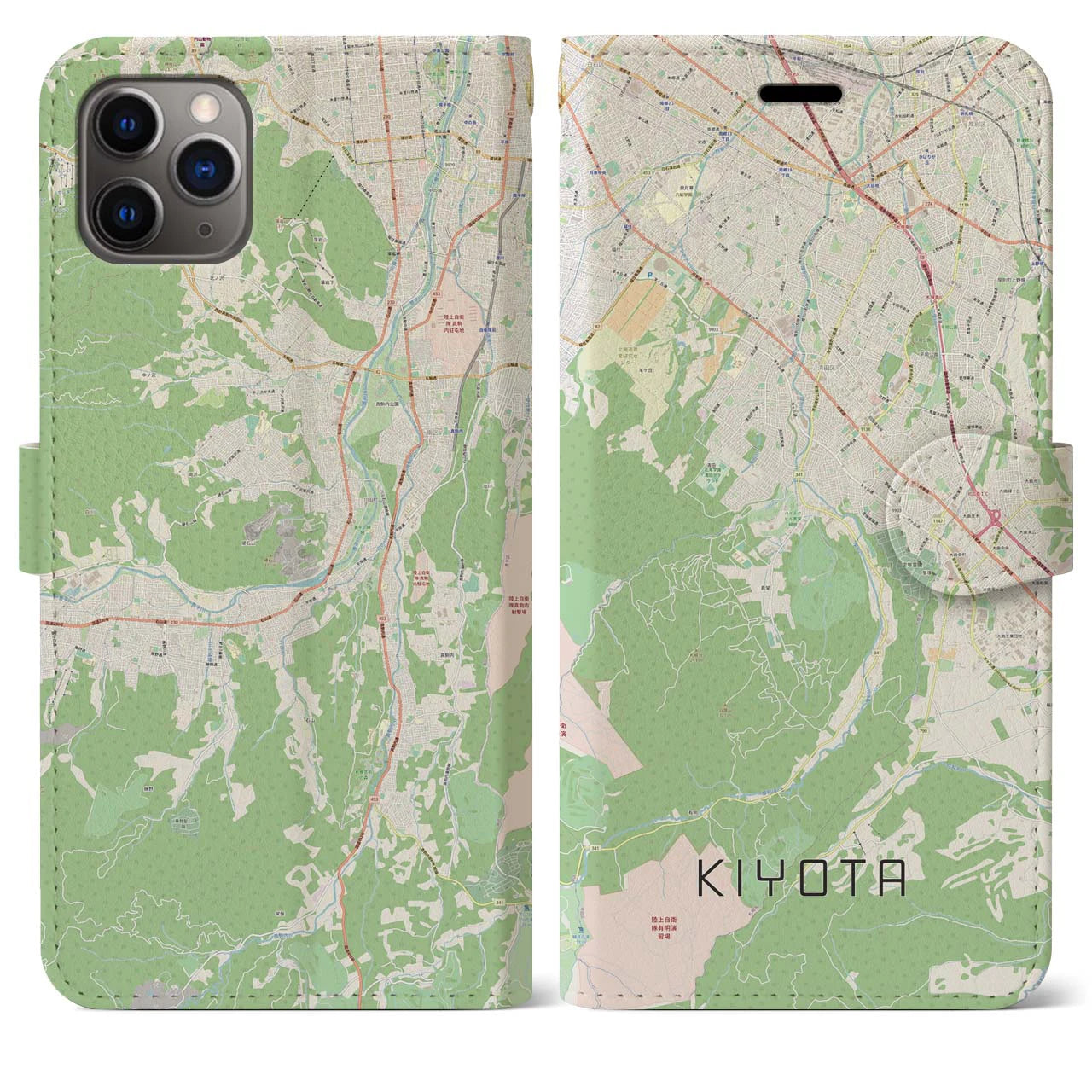 【清田(北海道)】地図柄iPhoneケース(手帳タイプ)ナチュラル・iPhone 11 Pro Max 用