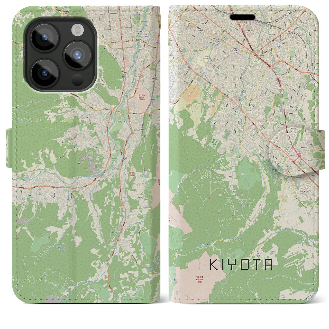 【清田(北海道)】地図柄iPhoneケース(手帳タイプ)ナチュラル・iPhone 15 Pro Max 用