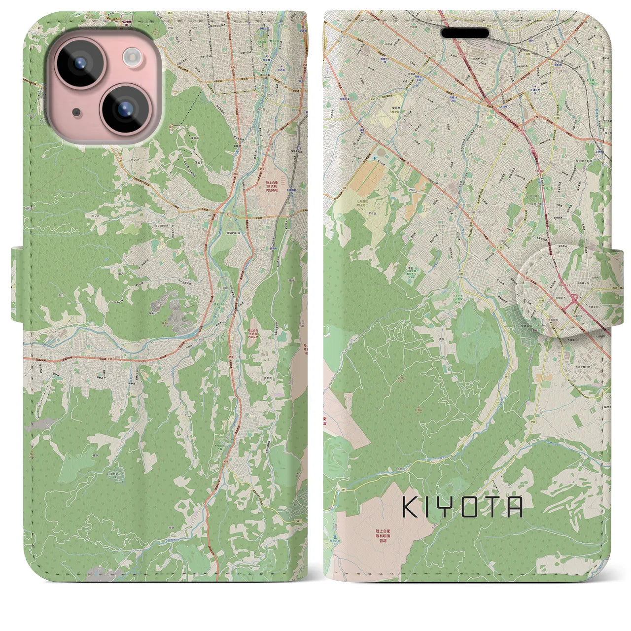 【清田(北海道)】地図柄iPhoneケース(手帳タイプ)ナチュラル・iPhone 15 Plus 用
