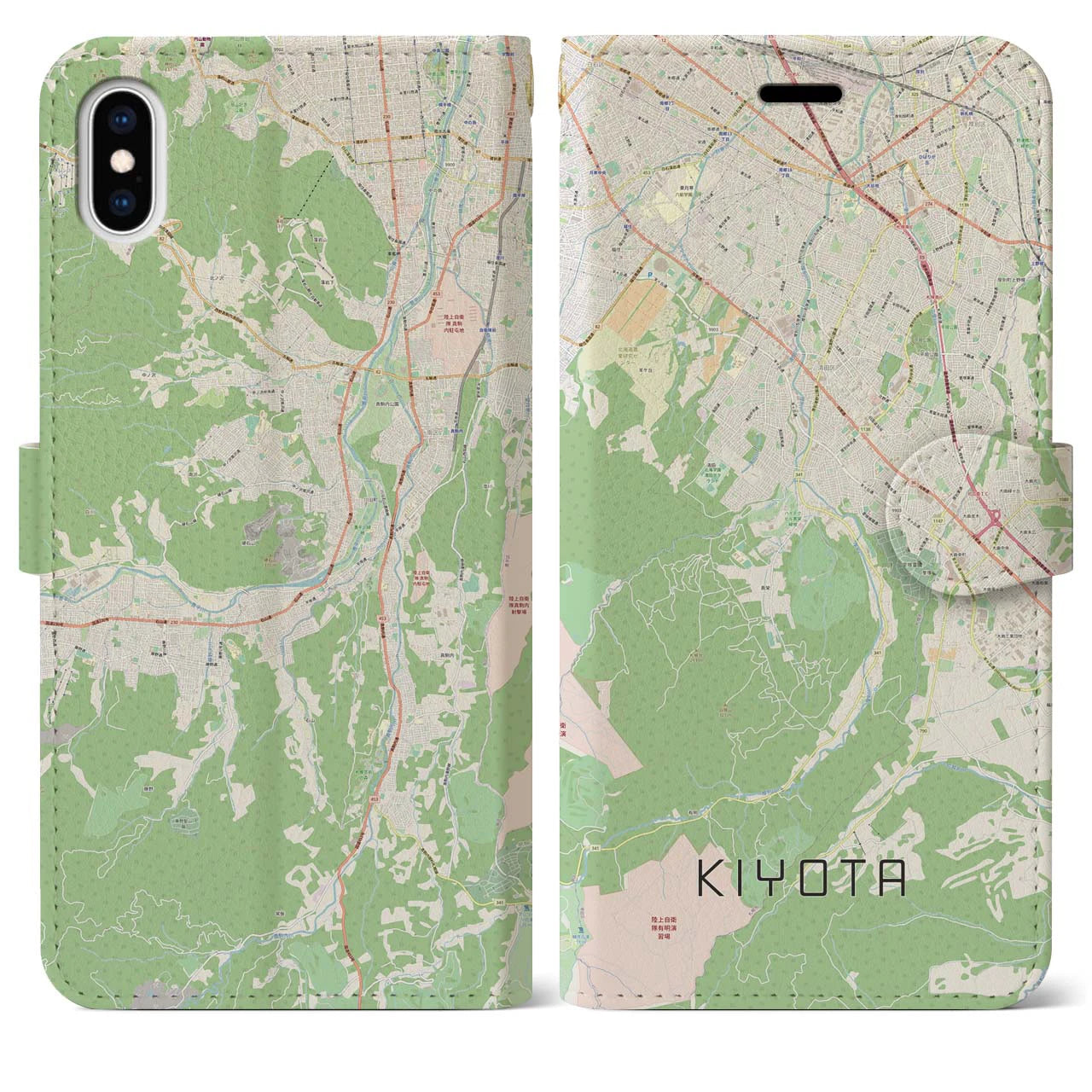 【清田(北海道)】地図柄iPhoneケース(手帳タイプ)ナチュラル・iPhone XS Max 用