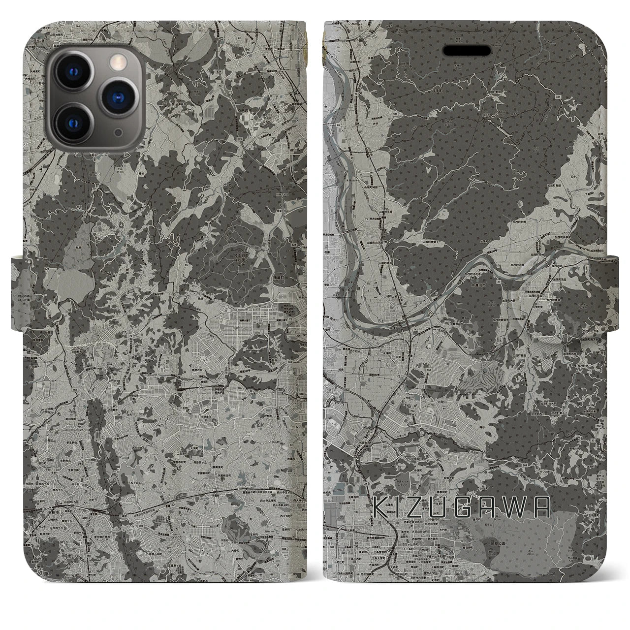 【木津川(京都府)】地図柄iPhoneケース(手帳タイプ)モノトーン・iPhone 11 Pro Max 用