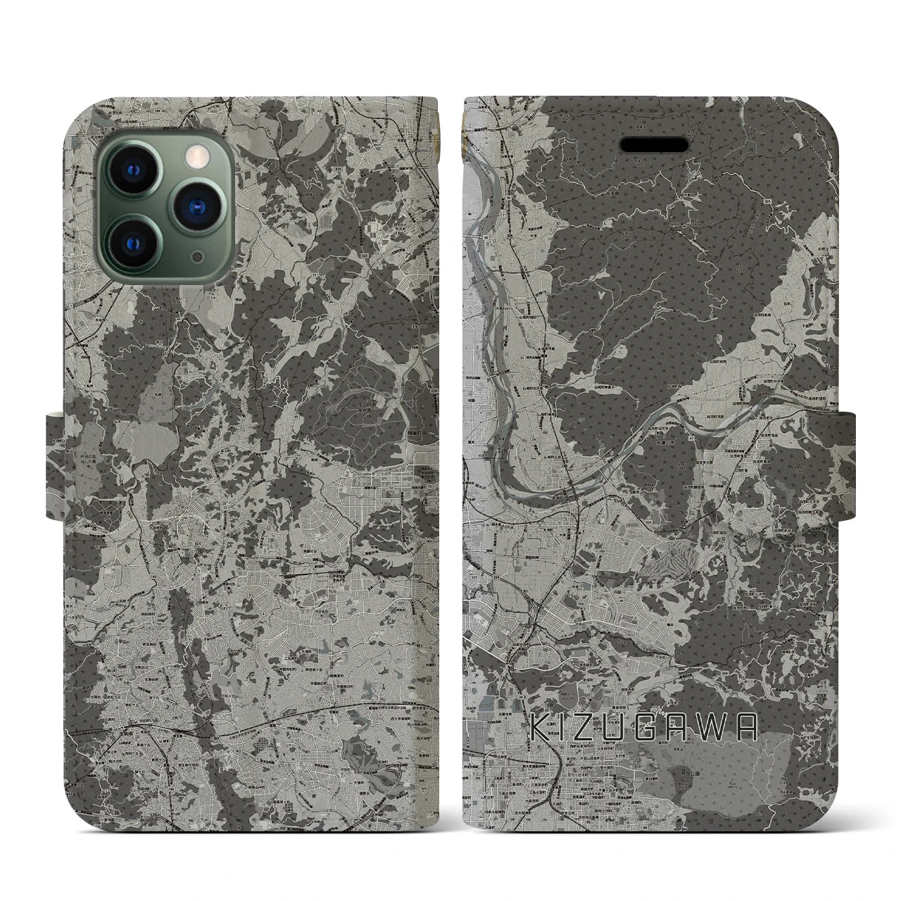 【木津川(京都府)】地図柄iPhoneケース(手帳タイプ)モノトーン・iPhone 11 Pro 用