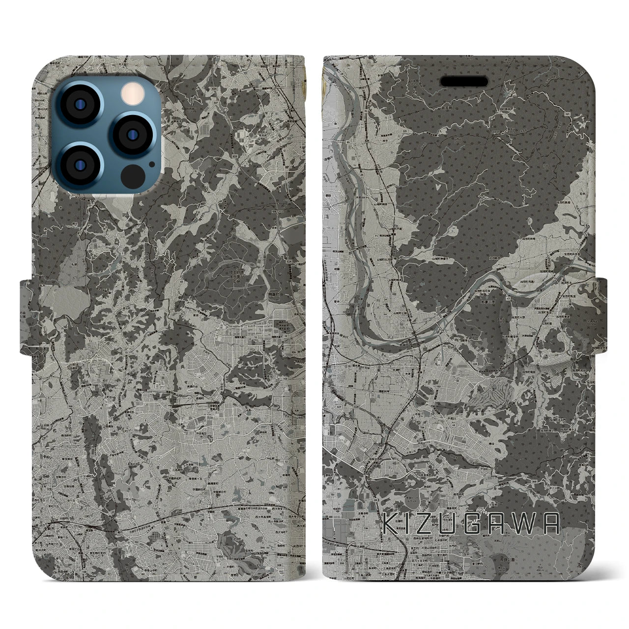 【木津川(京都府)】地図柄iPhoneケース(手帳タイプ)モノトーン・iPhone 12 / 12 Pro 用