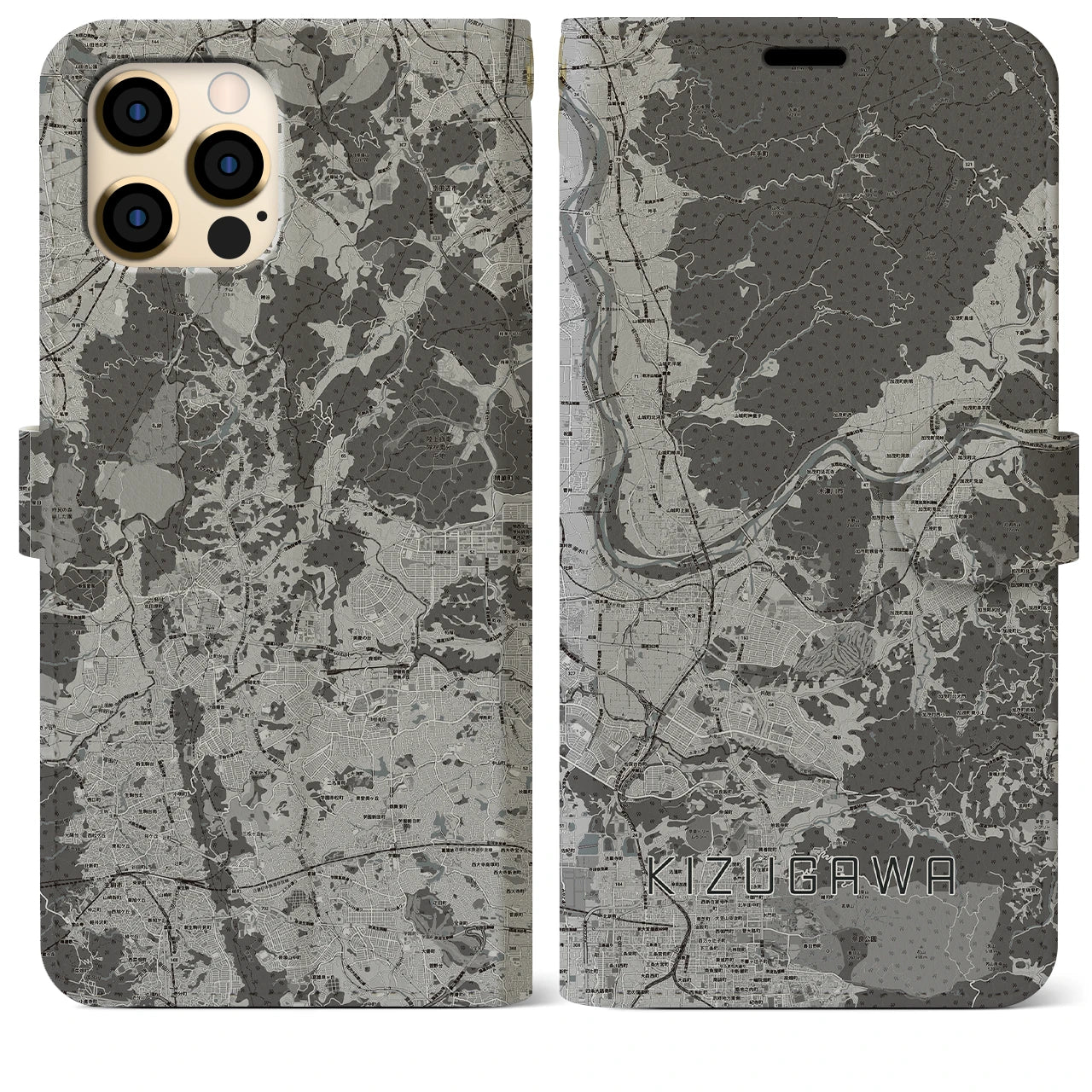 【木津川(京都府)】地図柄iPhoneケース(手帳タイプ)モノトーン・iPhone 12 Pro Max 用