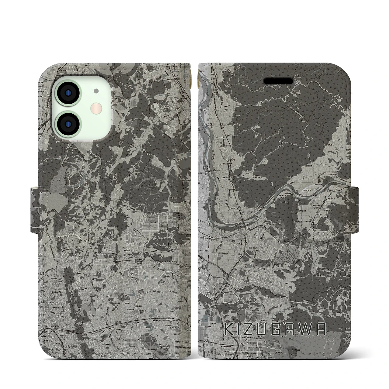 【木津川(京都府)】地図柄iPhoneケース(手帳タイプ)モノトーン・iPhone 12 mini 用