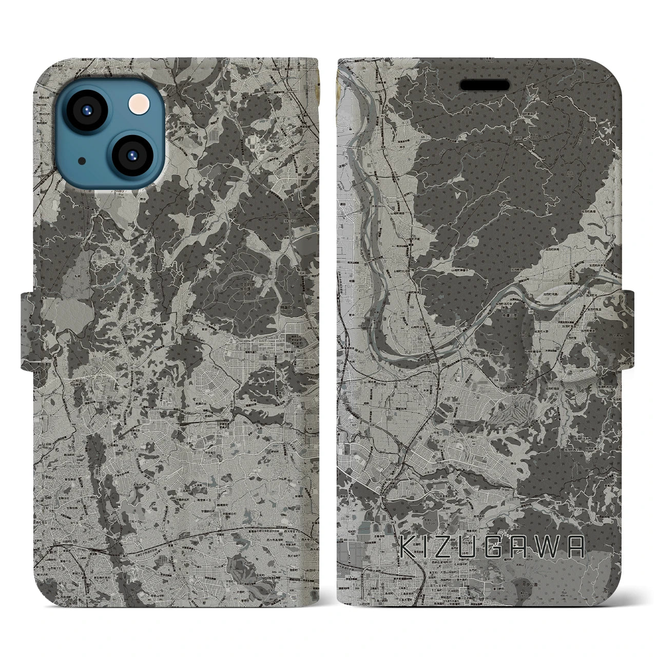 【木津川(京都府)】地図柄iPhoneケース(手帳タイプ)モノトーン・iPhone 13 用