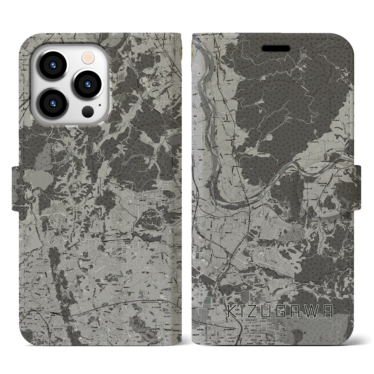 【木津川(京都府)】地図柄iPhoneケース(手帳タイプ)モノトーン・iPhone 13 Pro 用