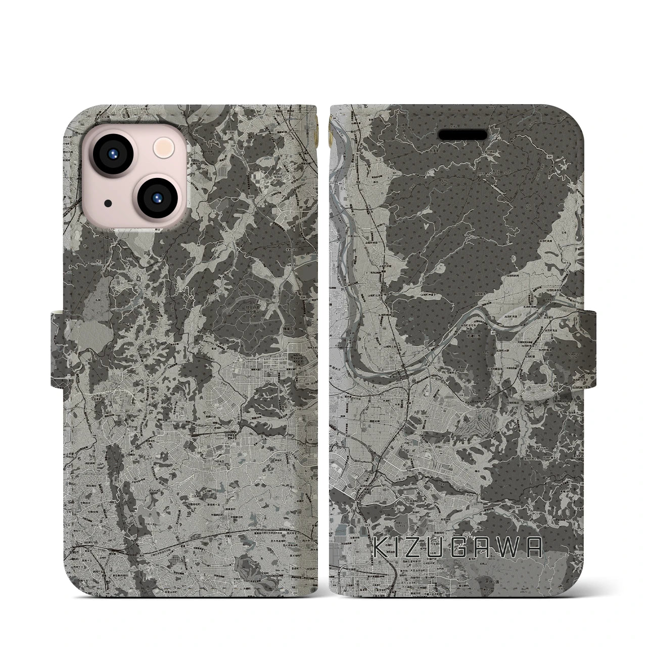 【木津川(京都府)】地図柄iPhoneケース(手帳タイプ)モノトーン・iPhone 13 mini 用