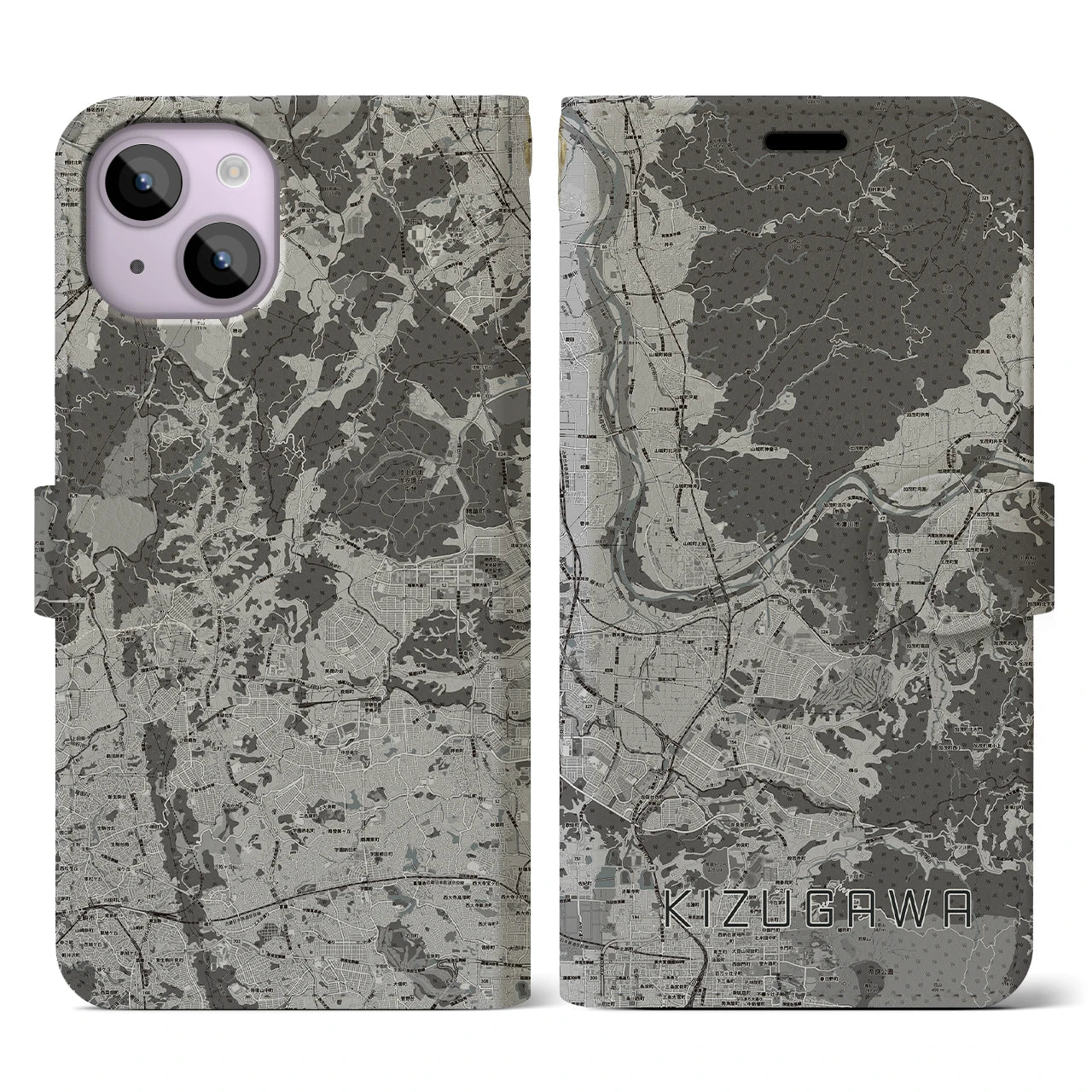 【木津川(京都府)】地図柄iPhoneケース(手帳タイプ)モノトーン・iPhone 14 用