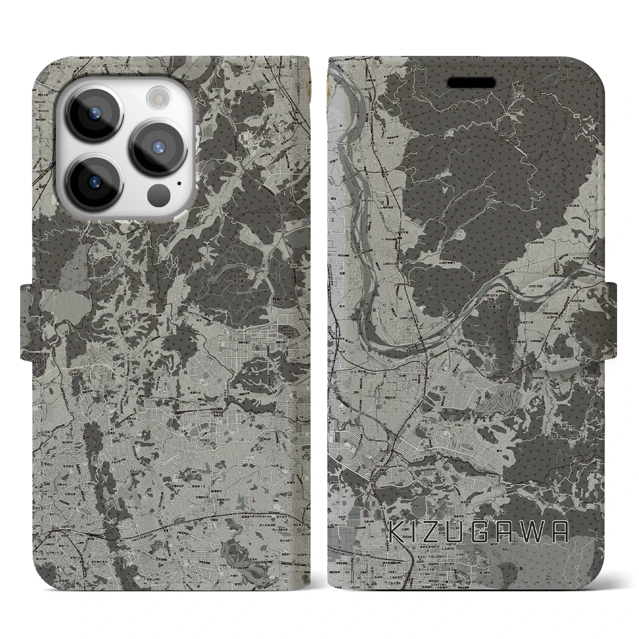 【木津川(京都府)】地図柄iPhoneケース(手帳タイプ)モノトーン・iPhone 14 Pro 用