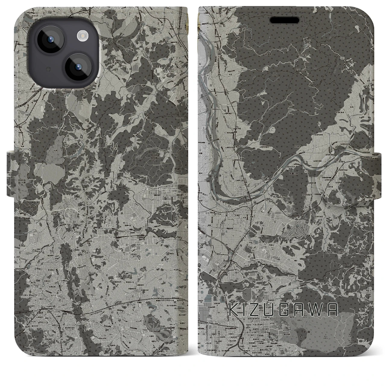 【木津川(京都府)】地図柄iPhoneケース(手帳タイプ)モノトーン・iPhone 14 Plus 用