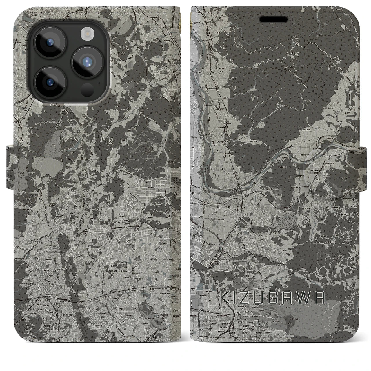 【木津川(京都府)】地図柄iPhoneケース(手帳タイプ)モノトーン・iPhone 15 Pro Max 用