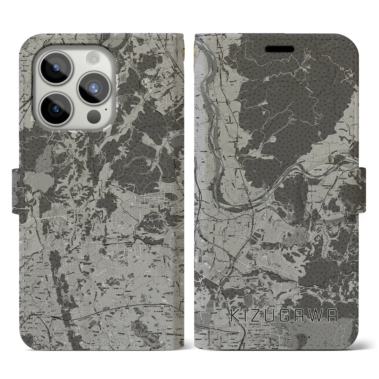 【木津川(京都府)】地図柄iPhoneケース(手帳タイプ)モノトーン・iPhone 15 Pro 用