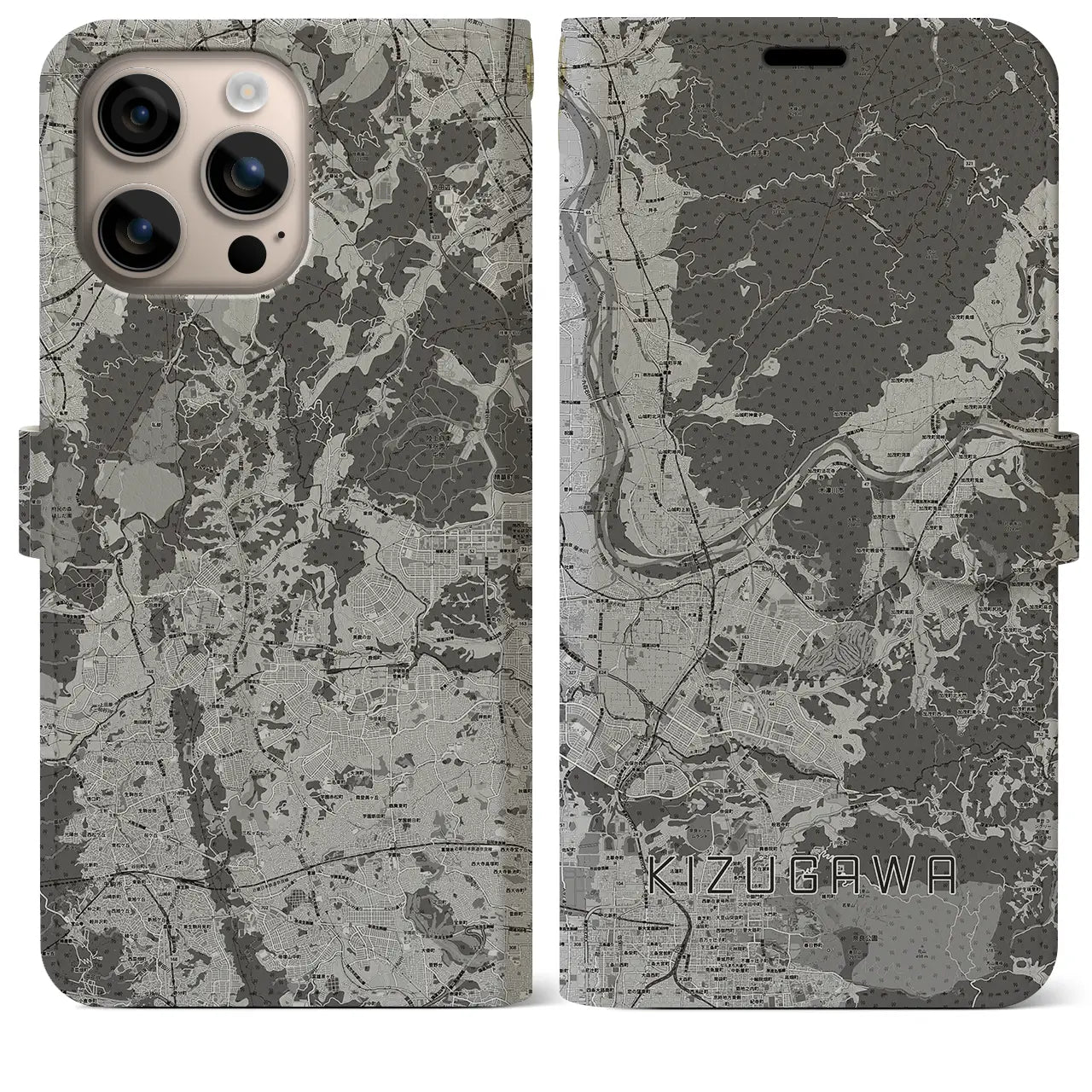 【木津川(京都府)】地図柄iPhoneケース(手帳タイプ)モノトーン・iPhone 16 Plus 用