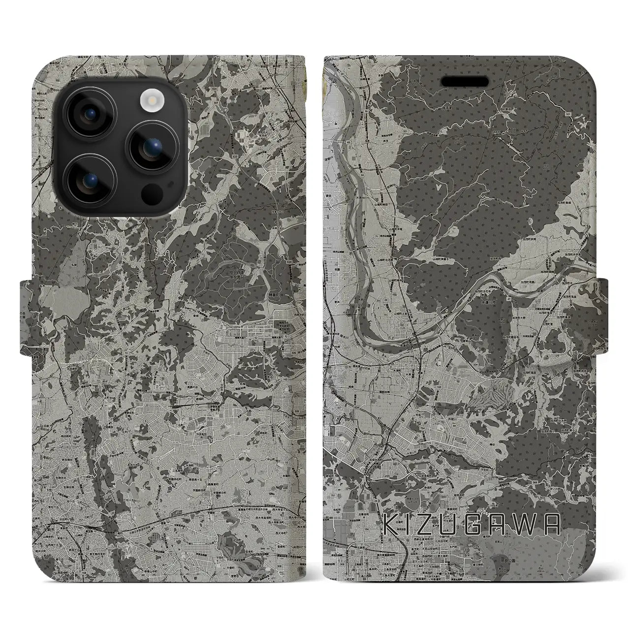 【木津川(京都府)】地図柄iPhoneケース(手帳タイプ)モノトーン・iPhone 16 用