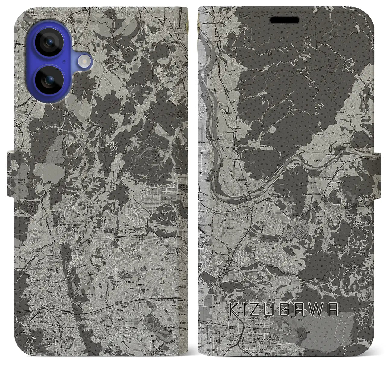 【木津川(京都府)】地図柄iPhoneケース(手帳タイプ)モノトーン・iPhone 16 Pro Max 用