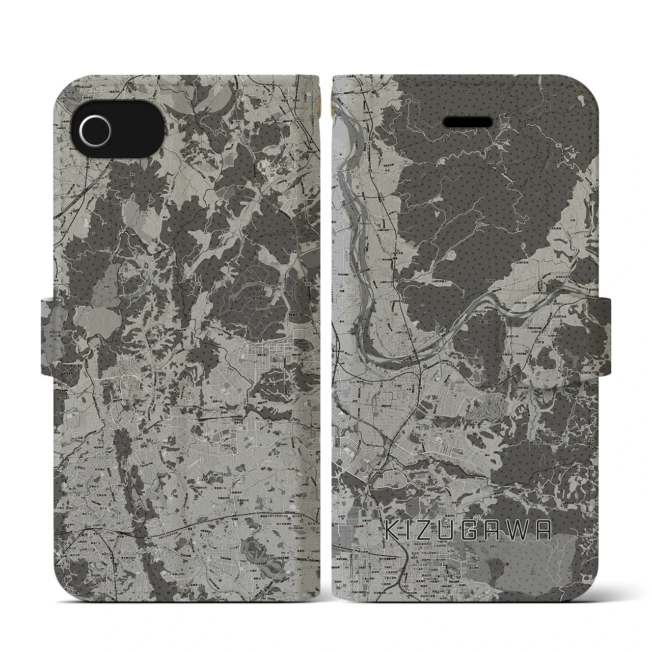 【木津川(京都府)】地図柄iPhoneケース(手帳タイプ)モノトーン・iPhone SE(第3 / 第2世代) / 8 / 7 / 6s / 6 用