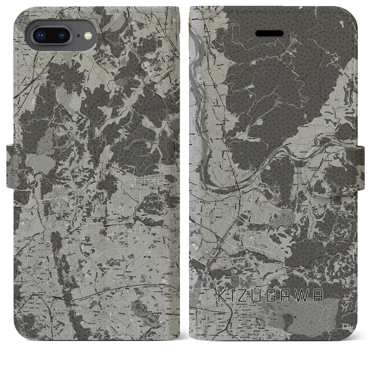【木津川(京都府)】地図柄iPhoneケース(手帳タイプ)モノトーン・iPhone 8Plus /7Plus / 6sPlus / 6Plus 用