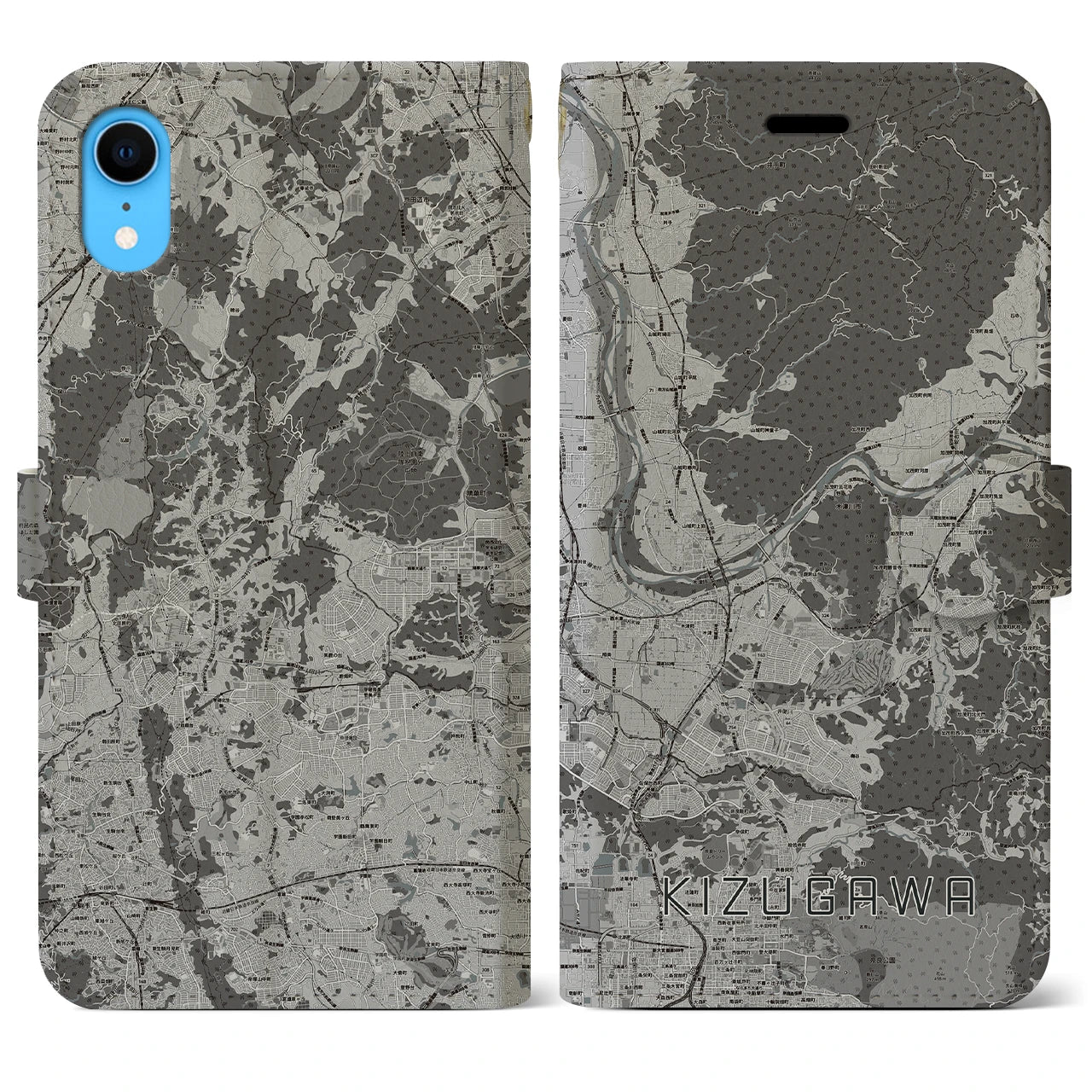 【木津川(京都府)】地図柄iPhoneケース(手帳タイプ)モノトーン・iPhone XR 用