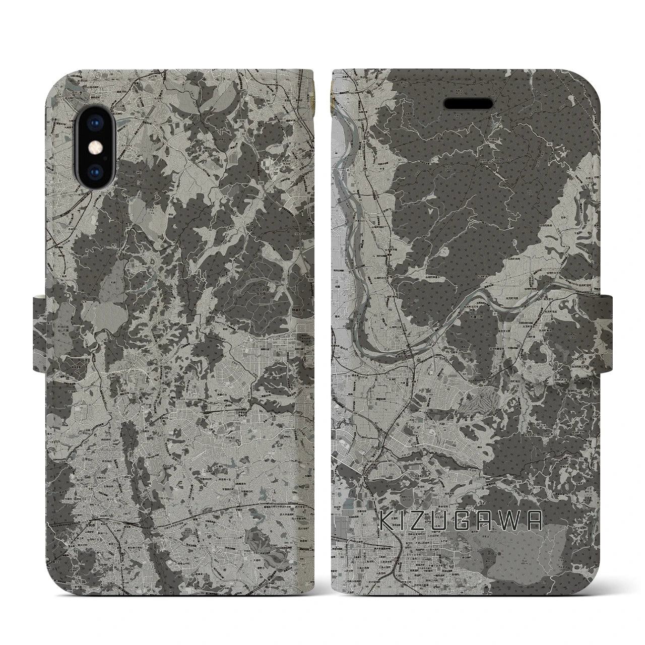 【木津川(京都府)】地図柄iPhoneケース(手帳タイプ)モノトーン・iPhone XS / X 用