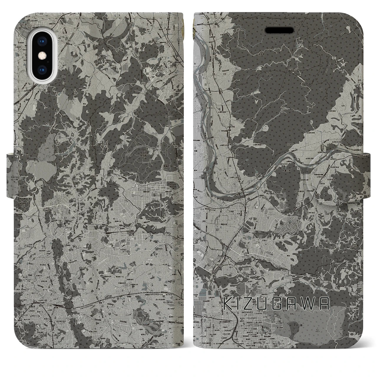 【木津川(京都府)】地図柄iPhoneケース(手帳タイプ)モノトーン・iPhone XS Max 用