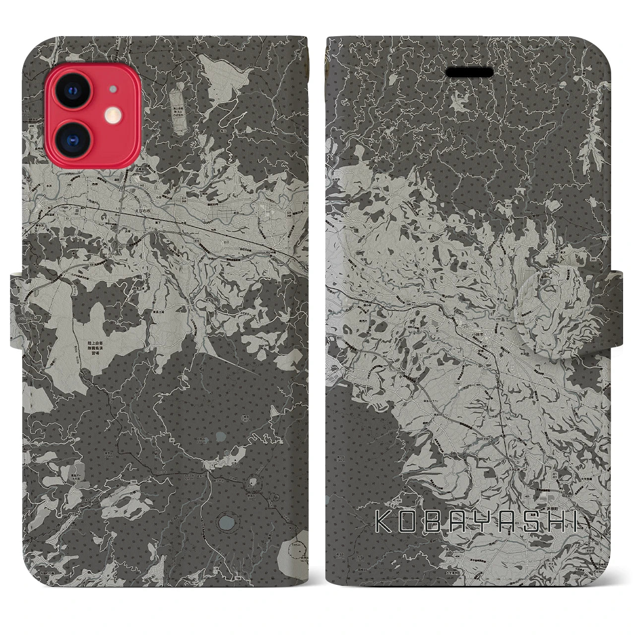 【小林(宮崎県)】地図柄iPhoneケース(手帳タイプ)モノトーン・iPhone 11 用