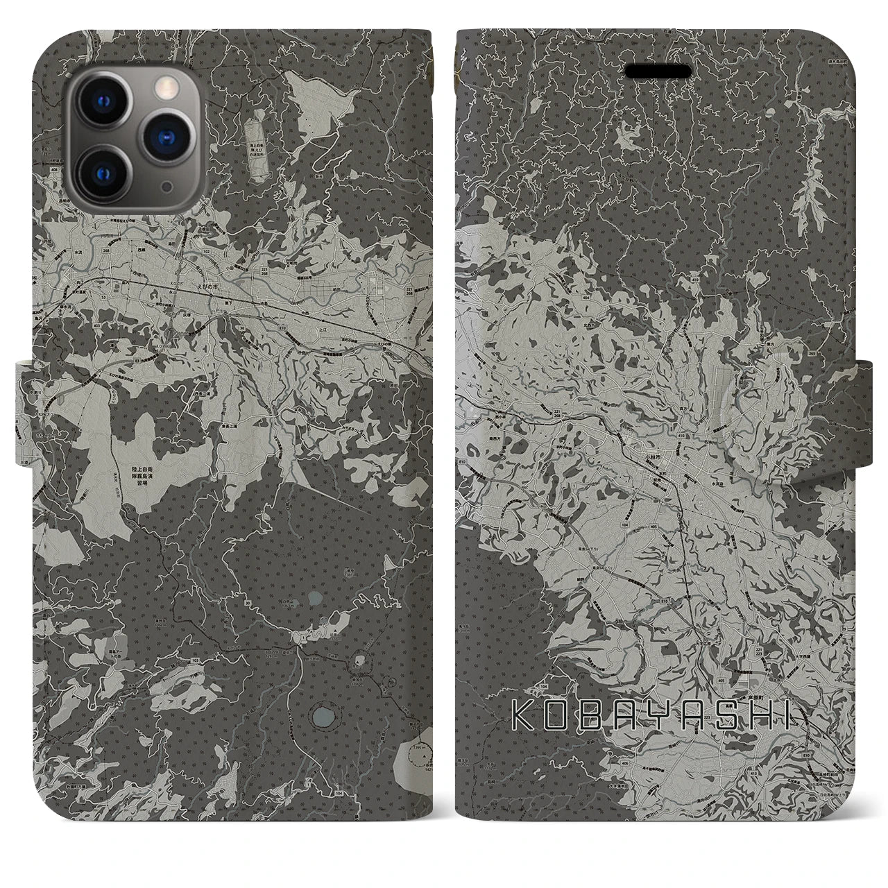 【小林(宮崎県)】地図柄iPhoneケース(手帳タイプ)モノトーン・iPhone 11 Pro Max 用