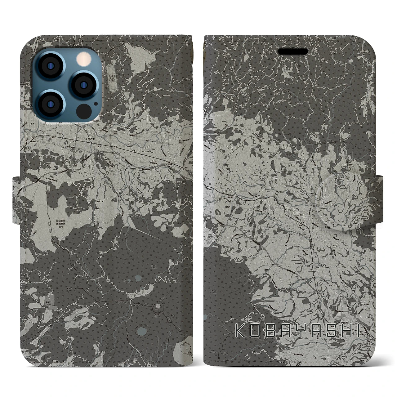 【小林(宮崎県)】地図柄iPhoneケース(手帳タイプ)モノトーン・iPhone 12 / 12 Pro 用