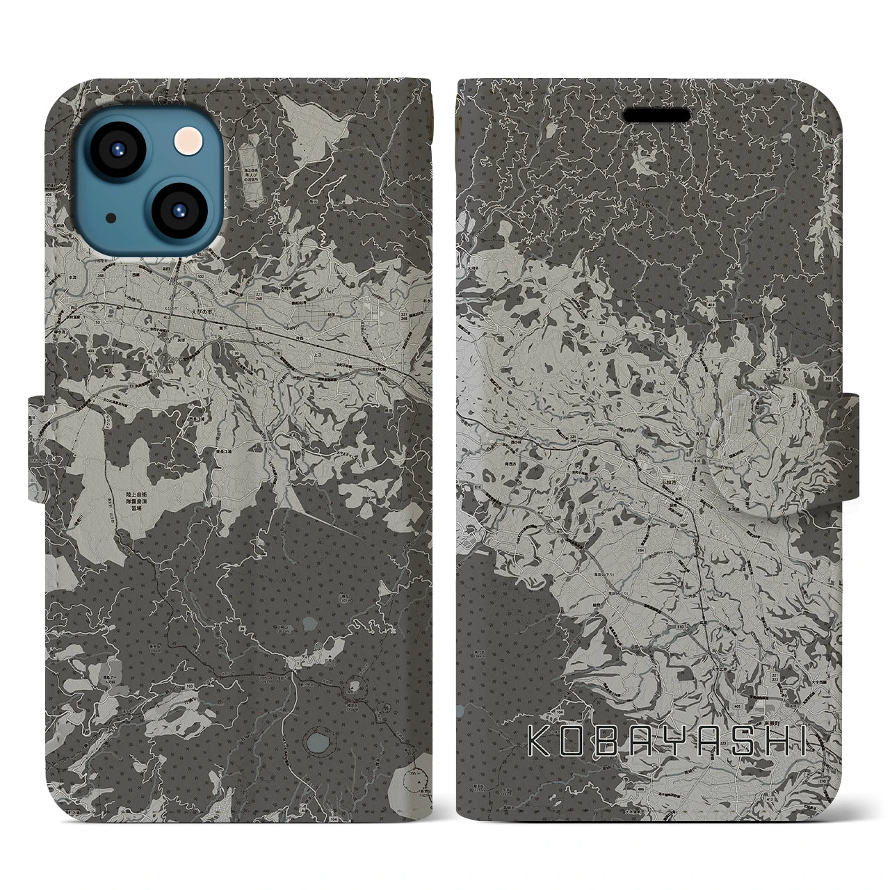 【小林(宮崎県)】地図柄iPhoneケース(手帳タイプ)モノトーン・iPhone 13 用