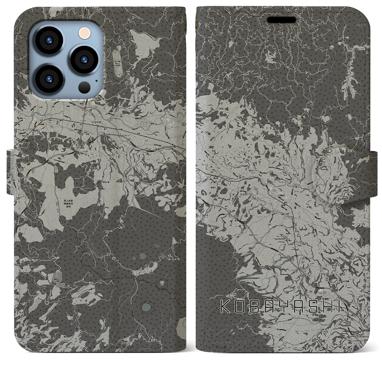 【小林(宮崎県)】地図柄iPhoneケース(手帳タイプ)モノトーン・iPhone 13 Pro Max 用