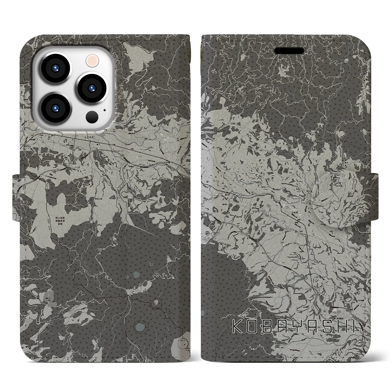 【小林(宮崎県)】地図柄iPhoneケース(手帳タイプ)モノトーン・iPhone 13 Pro 用