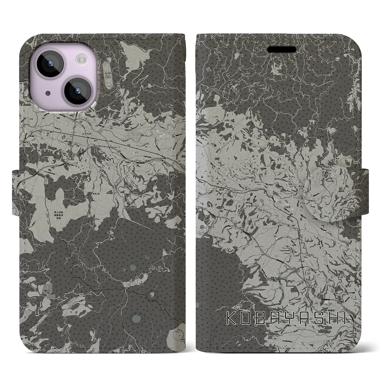 【小林(宮崎県)】地図柄iPhoneケース(手帳タイプ)モノトーン・iPhone 14 用