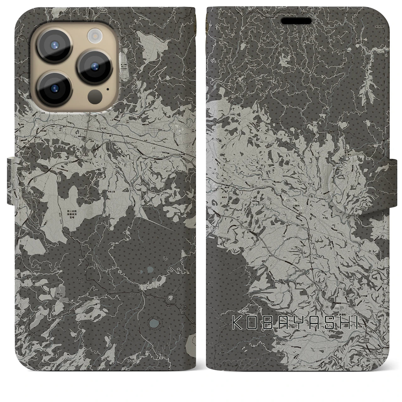 【小林(宮崎県)】地図柄iPhoneケース(手帳タイプ)モノトーン・iPhone 14 Pro Max 用