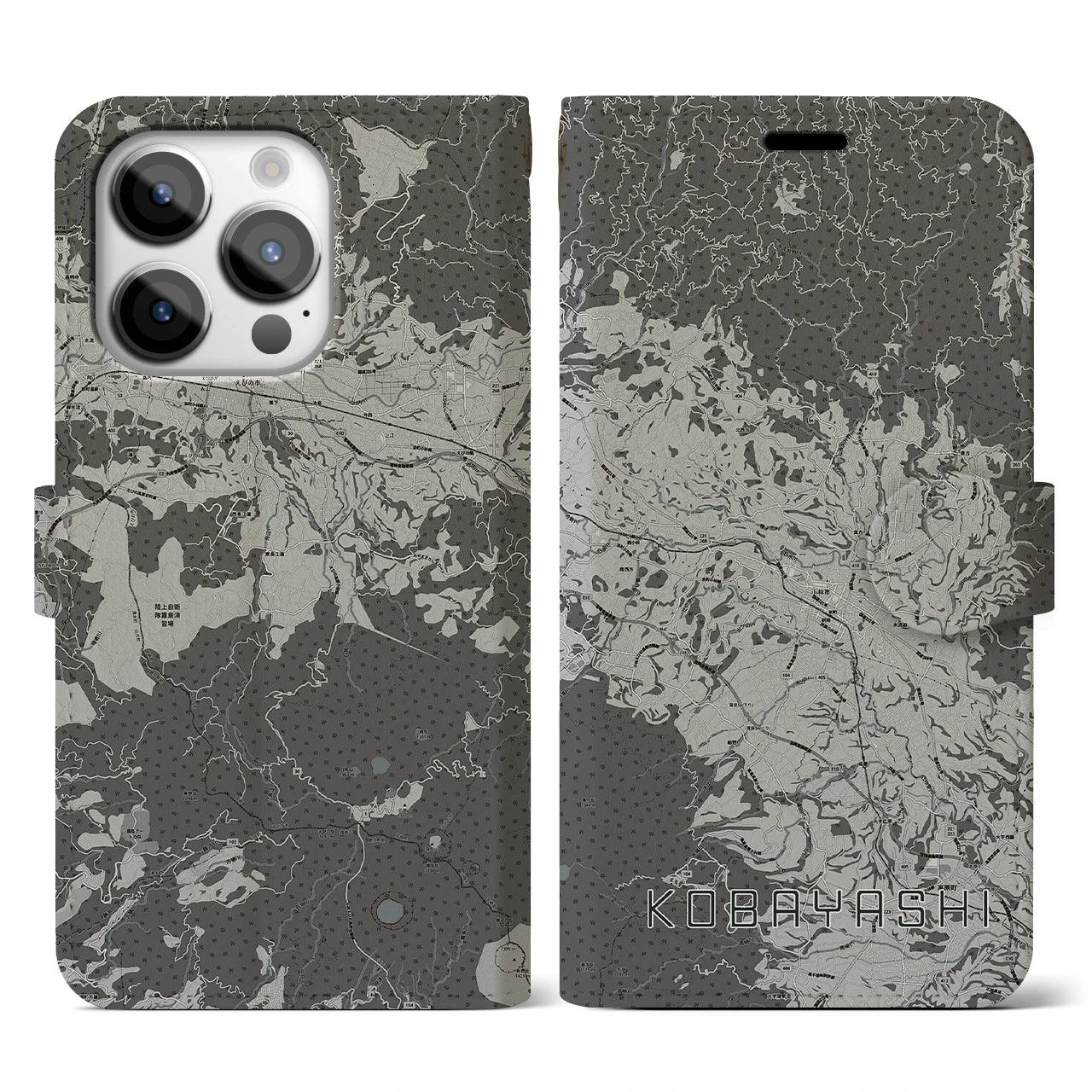 【小林(宮崎県)】地図柄iPhoneケース(手帳タイプ)モノトーン・iPhone 14 Pro 用