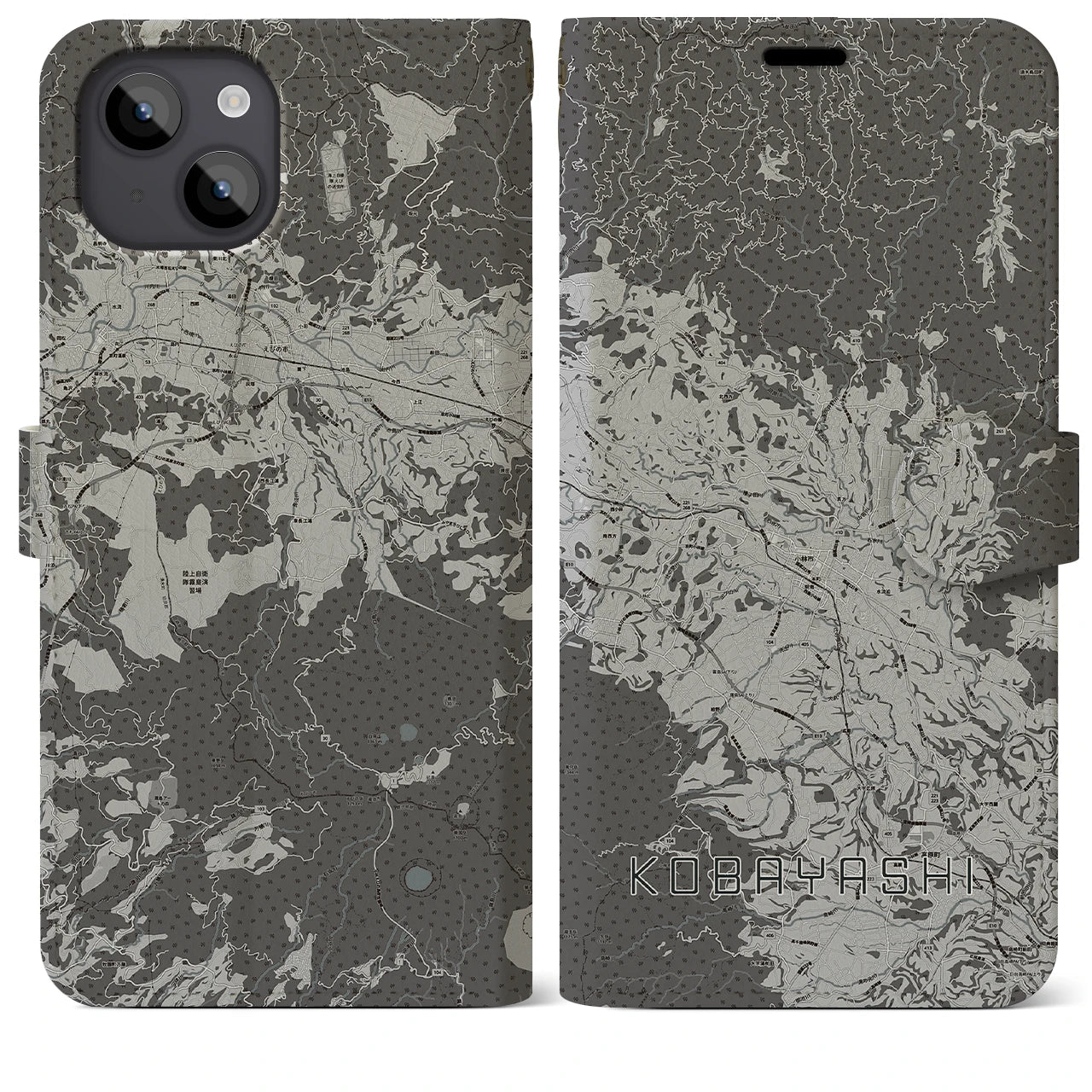 【小林(宮崎県)】地図柄iPhoneケース(手帳タイプ)モノトーン・iPhone 14 Plus 用