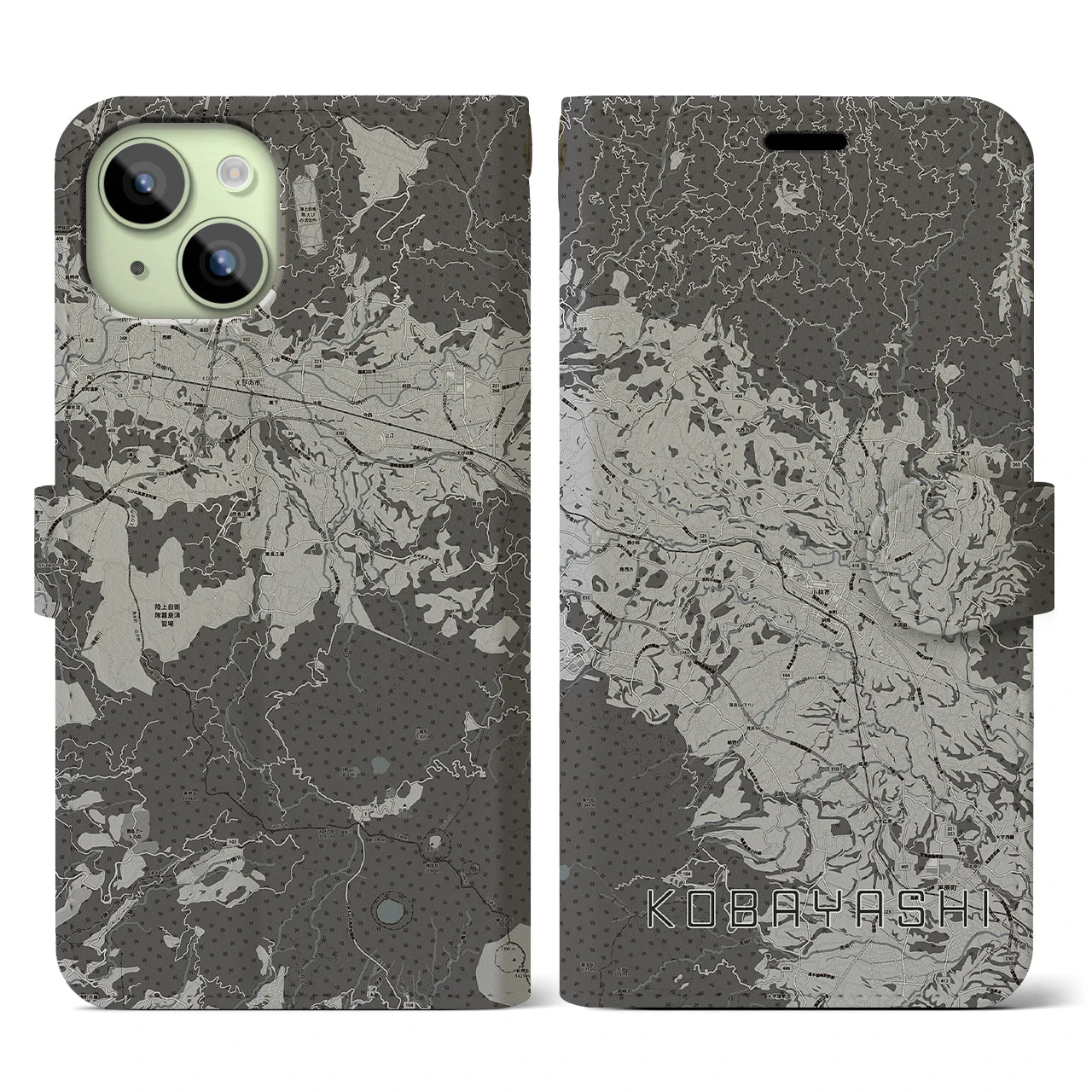 【小林(宮崎県)】地図柄iPhoneケース(手帳タイプ)モノトーン・iPhone 15 用