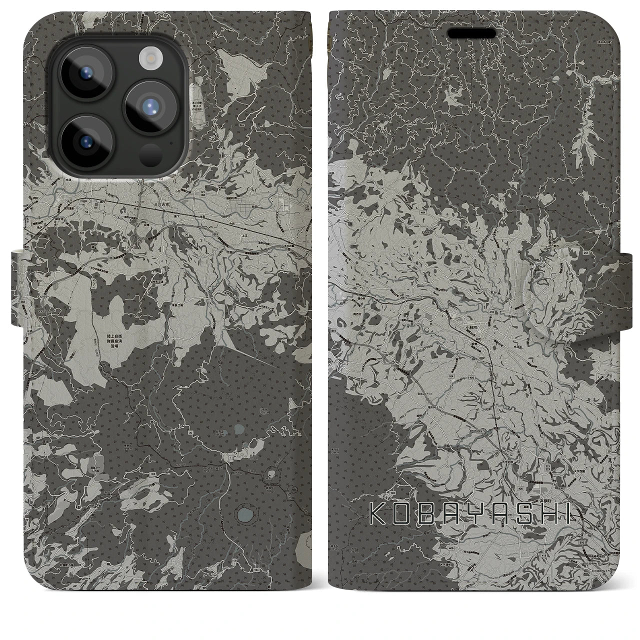 【小林(宮崎県)】地図柄iPhoneケース(手帳タイプ)モノトーン・iPhone 15 Pro Max 用