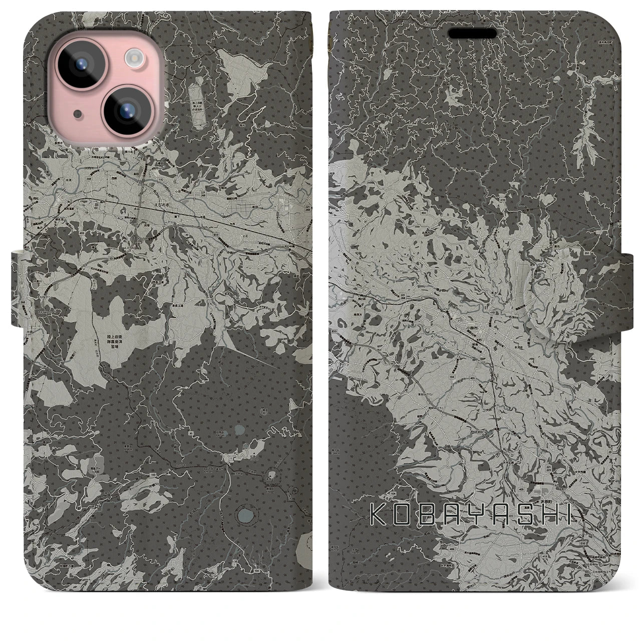 【小林(宮崎県)】地図柄iPhoneケース(手帳タイプ)モノトーン・iPhone 15 Plus 用