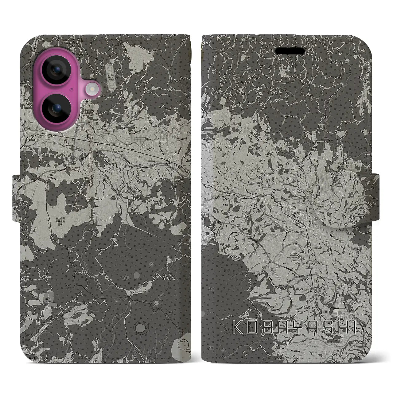 【小林(宮崎県)】地図柄iPhoneケース(手帳タイプ)モノトーン・iPhone 16 Pro 用