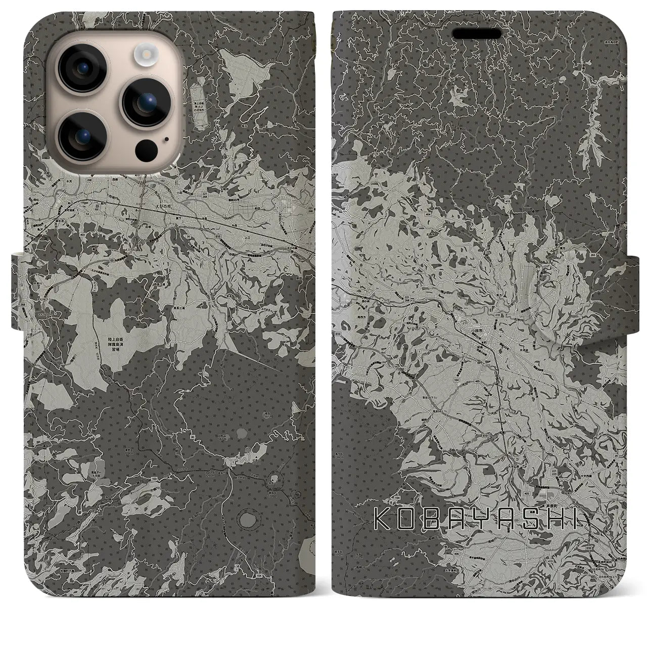 【小林(宮崎県)】地図柄iPhoneケース(手帳タイプ)モノトーン・iPhone 16 Plus 用