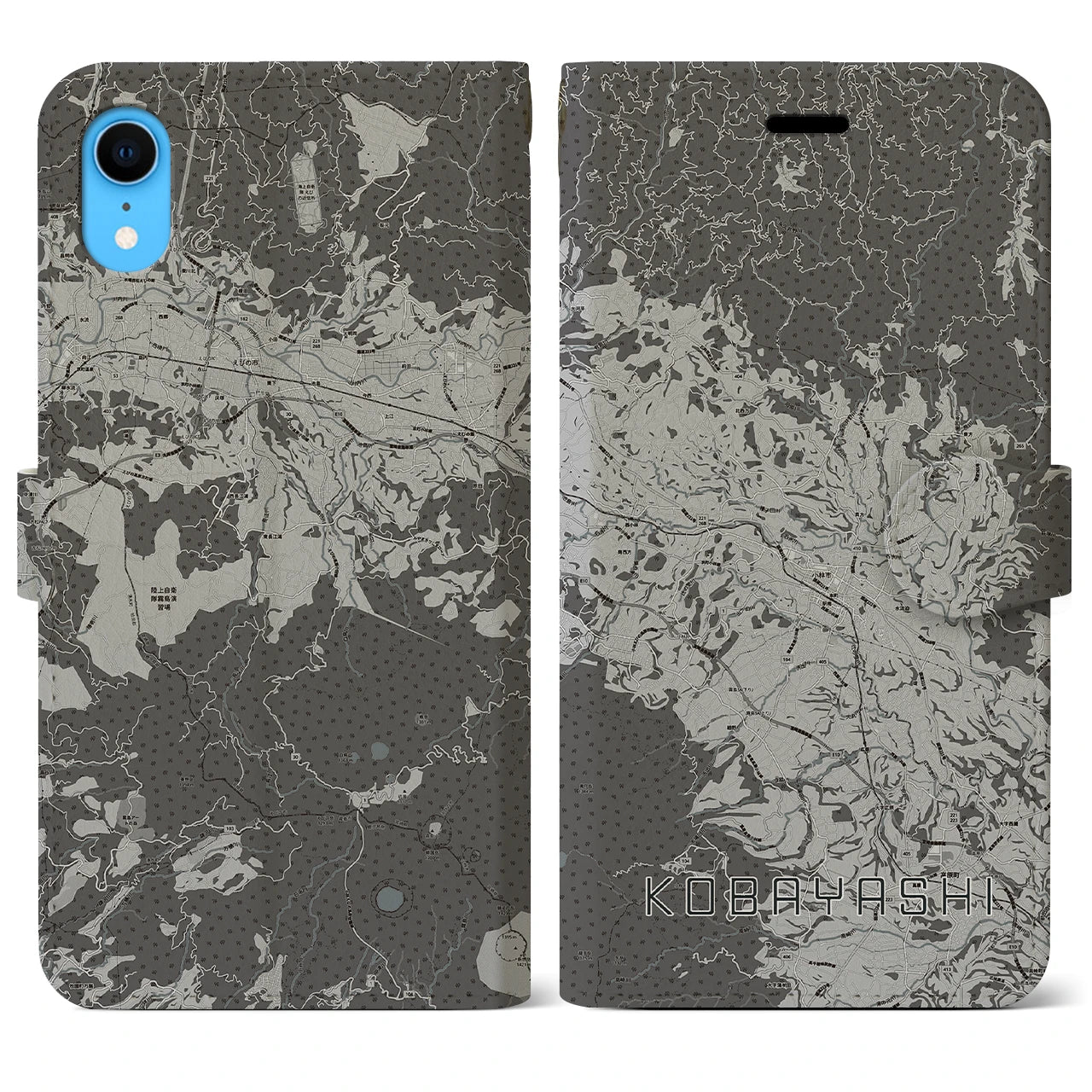 【小林(宮崎県)】地図柄iPhoneケース(手帳タイプ)モノトーン・iPhone XR 用