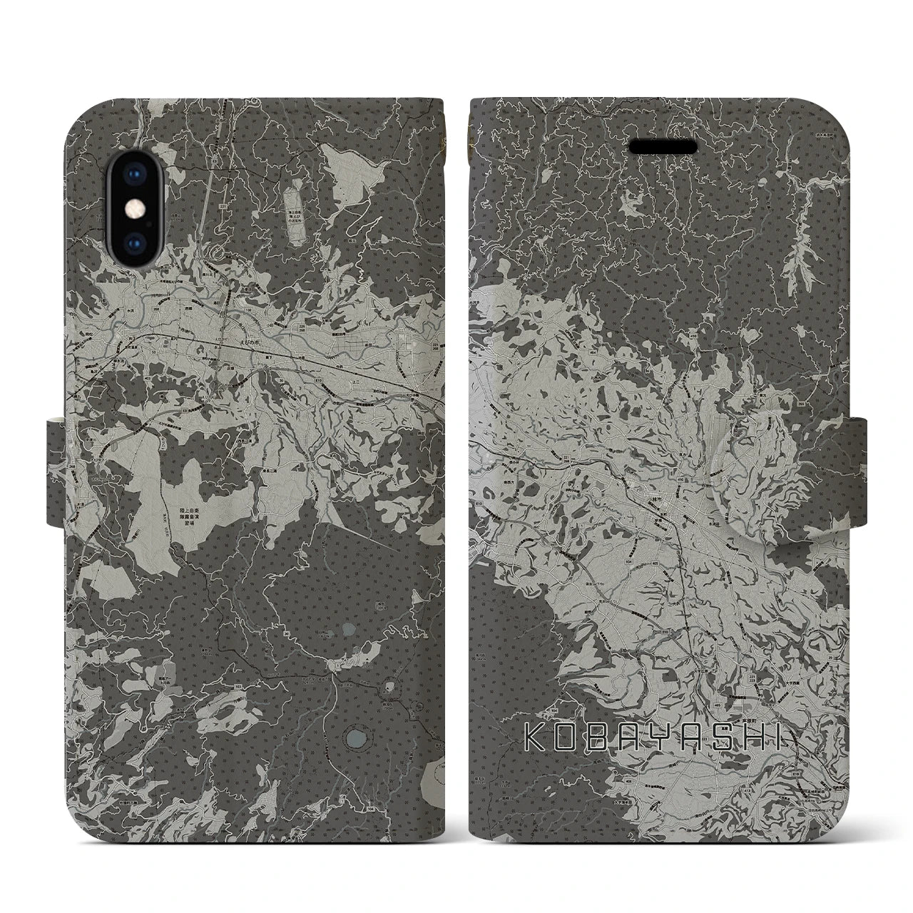 【小林(宮崎県)】地図柄iPhoneケース(手帳タイプ)モノトーン・iPhone XS / X 用