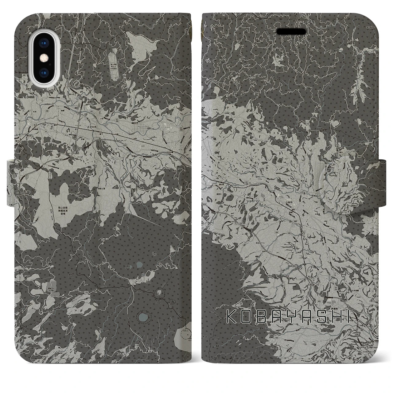 【小林(宮崎県)】地図柄iPhoneケース(手帳タイプ)モノトーン・iPhone XS Max 用